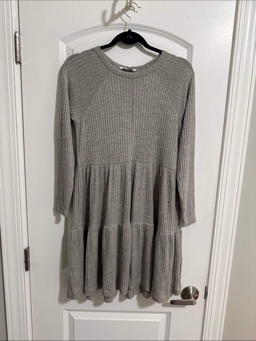 Girls' Ribbed Tiered Knit Dress in Light Gray